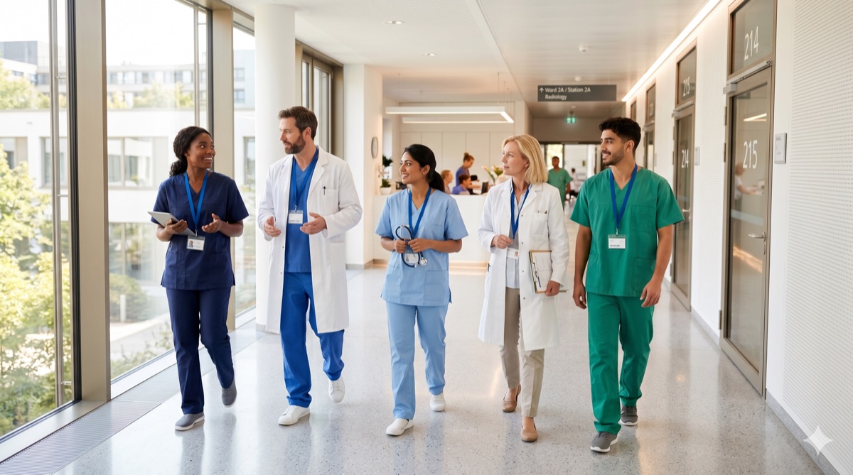 Diverses Klinik- und Praxisteam im Gespräch — Führung und Teamstabilität im Gesundheitswesen
